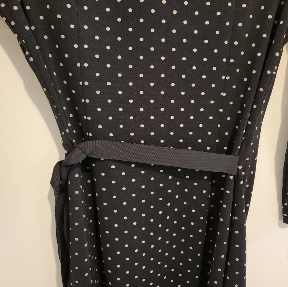 Ann Taylor Loft Black Tan Polka Dot A-Line Fit & Flare Midi Wrap Long Dress 4 - Picture 8 of 8